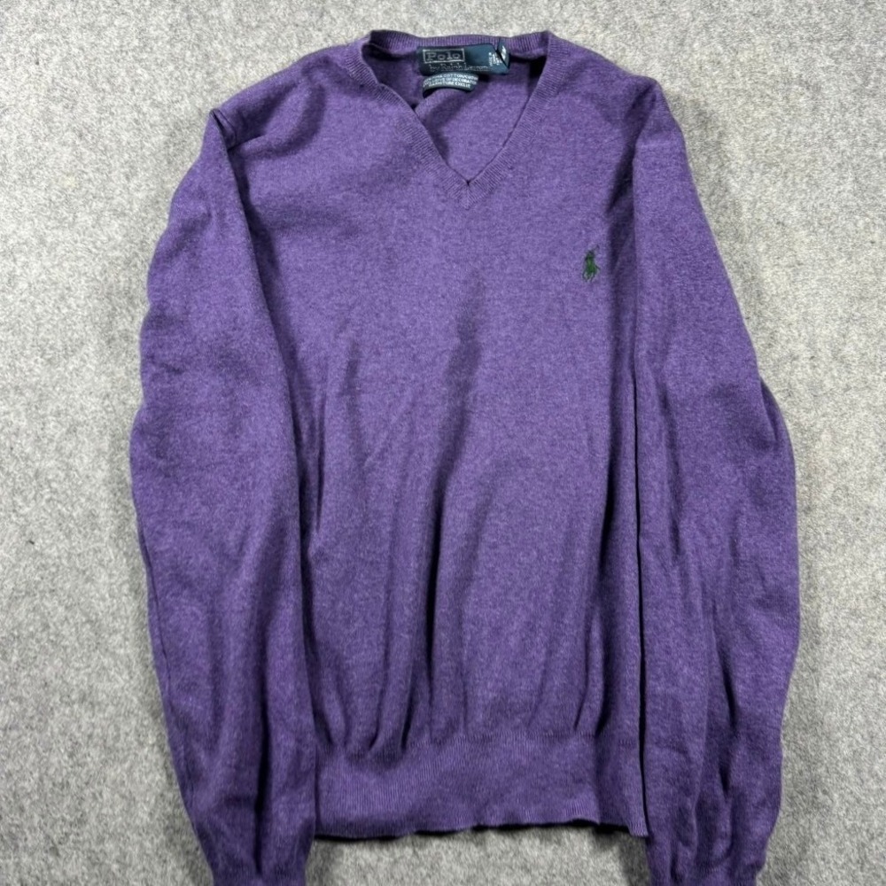 Polo Ralph Lauren Mens Purple Pima Cotton V-Neck Sweater Size M Green Pony Logo